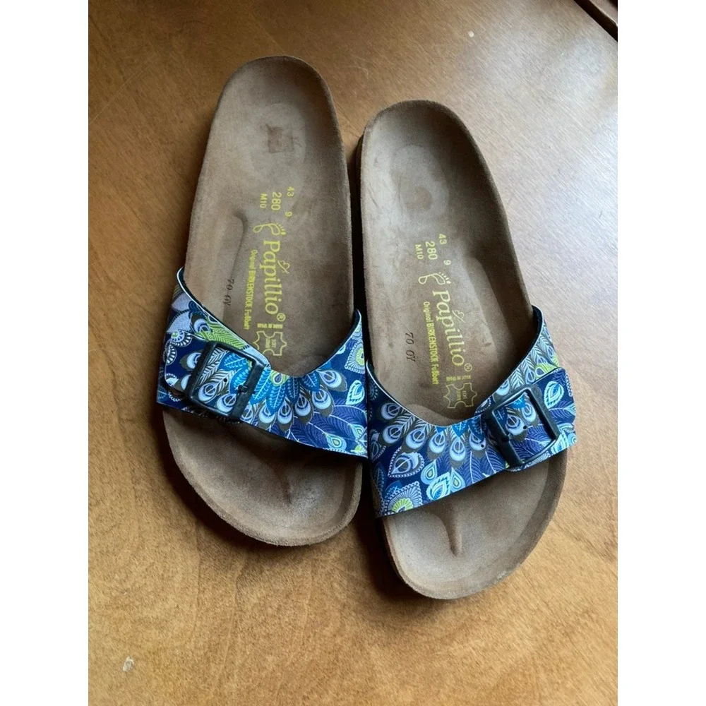 Papillio Birkenstock Madrid Slides Blue Peacock Paisley Print Sandals Mens 10 43